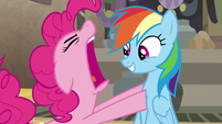 Pinkie Pie yells at Rainbow Dash to tell her S7E18