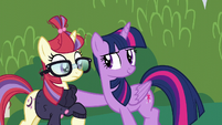 Twilight about to pull Moon Dancer into a hug S5E12