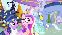 Discord looking at Cadance and Twilight S4E11