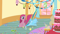 Pinkie Pie sits on Rainbow's head S1E25