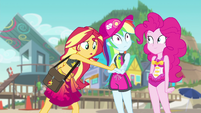 Sunset grabbing Rainbow Dash's arm EGFF