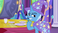 Trixie grinning and waving at Twilight S6E6