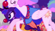 Princesses Celestia and Luna in clown costumes running S5E26