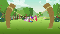 Scootaloo standing in the slingshot's path S7E7
