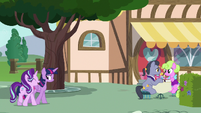 Twilight and Starlight approaching the cafe S7E14