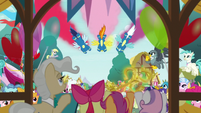 Wonderbolts flying over the ceremony S9E12