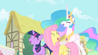 Twilight, Fluttershy, and Celestia laughing S01E22