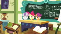 Cutie Mark Crusaders behind Cheerilee's desk S8E12