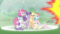 Mane Six and Spike in a bubble shield S9E25