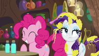 Pinkie Pie giggling; Rarity rolls her eyes S7E19
