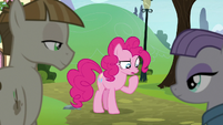 Pinkie thinking in front of Maud and Mudbriar S8E3