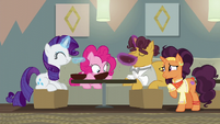 Rarity, Pinkie, and Coriander eating Saffron's soup S6E12