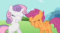 Sweetie Belle and Scootaloo shielding their eyes S2E06