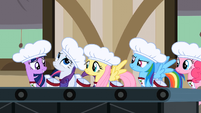 5 main ponies lining up to work in the cherry factory S2E14