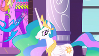 Celestia explaining about the situation as they move through Canterlot castle
