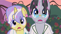 More shocked by the mention of Ponyville than for being soaked by the punch Rarity spat out.