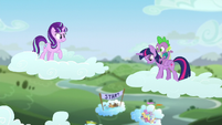 Starlight looks at Twilight on a cloud with Spike S5E26
