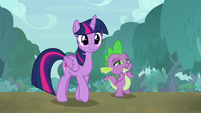 Twilight and Spike walking through the forest S9E18