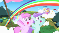 Filly Rainbow Dash amazes a crowd with her Sonic Rainboom.