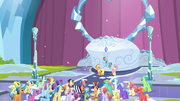 Applejack, Rainbow, and Fluttershy in front of the crowd S6E2