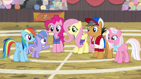 RD, Fluttershy, Pinkie, and Quibble on the buckball field S9E6