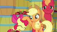 Applejack ruffles Apple Bloom's mane S9E10