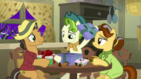 Pistachio opening a Hearth's Warming present MLPBGE