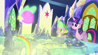 Twilight and Spike look at the glowing Cutie Map S7E15