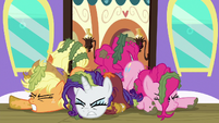 AJ, Rarity, and Pinkie stumble out of the train door S6E22