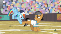 Rainbow stretching Quibble's back hoof S9E6