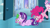 Starlight and Spike sees Pinkie being dragged by Flurry Heart S6E2