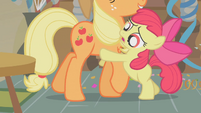 Applejack unintentionally stopping Apple Bloom's escape plan.