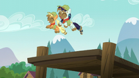 Applejack and Rara jumping into the lake S5E24