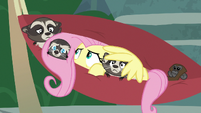 Fluttershy and animals tangled in hammock S9E23