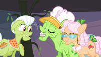 Granny Smith and Apple Rose admiring Applesauce's dentures S03E08
