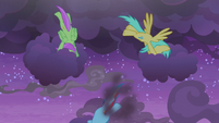 Rainbow Dash and Pegasi clearing the clouds S9E17