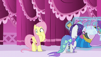 Rarity looks for another costume while Fluttershy rubs her cheek S5E21