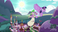 Twilight and Spike fly away from Canterlot S9E5