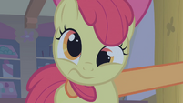 Apple Bloom being shaken by Applejack S1E09