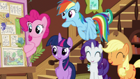 Main ponies amused by Pinkie's "Flutterbold" joke S7E5