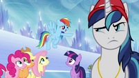 Main ponies and Shining Armor in castle stadium S03E12
