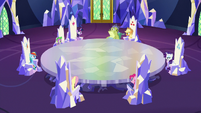 Mane Six, Spike, and Sludge in throne room S8E24