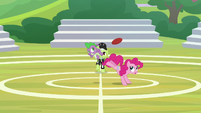 Spike bumps the ball toward Fluttershy S8E24