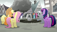 Sunny Skies shows Mane Six the outdoor spa MLPRR