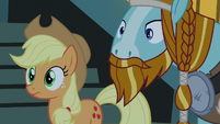 Applejack and Rockhoof hear Fluttershy off-screen S7E26