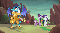 Ember, Spike, Twilight, and Rarity hear dragon's grunt S6E5