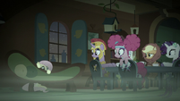 Main five see Fluttershy hiding behind a couch S5E21