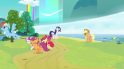 Rainbow and Cutie Mark Crusaders run and fly off S7E16