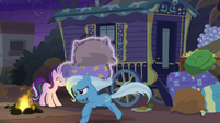 Trixie runs off with pillow and blanket S8E19