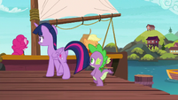Twilight and Spike walking to the boat S6E22
